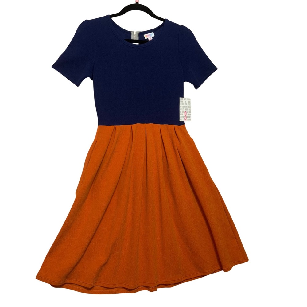 Lularoe Navy Blue Orange Short Sleeve‎ Fit and Flare Dress Size Small